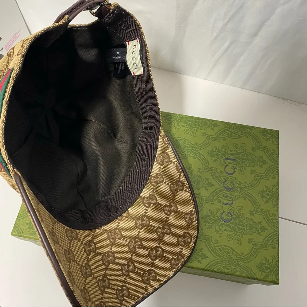 Gucci Tan GG Canvas Baseball Cap with Red-Green Web